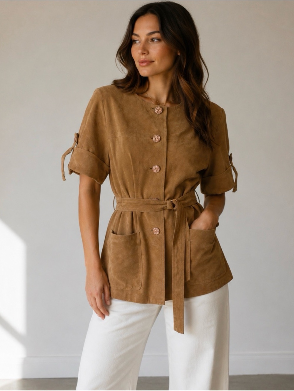 St. John 100% Suede Leather Safari Jacket Belted Camel Tan Size 8 Luxury Vintage